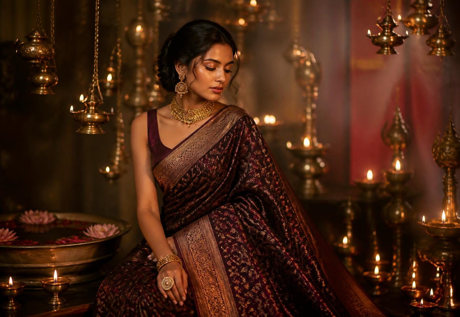 বেগুনি জামদানি শাড়ি পরা মডেল প্রদীপের আলোয়